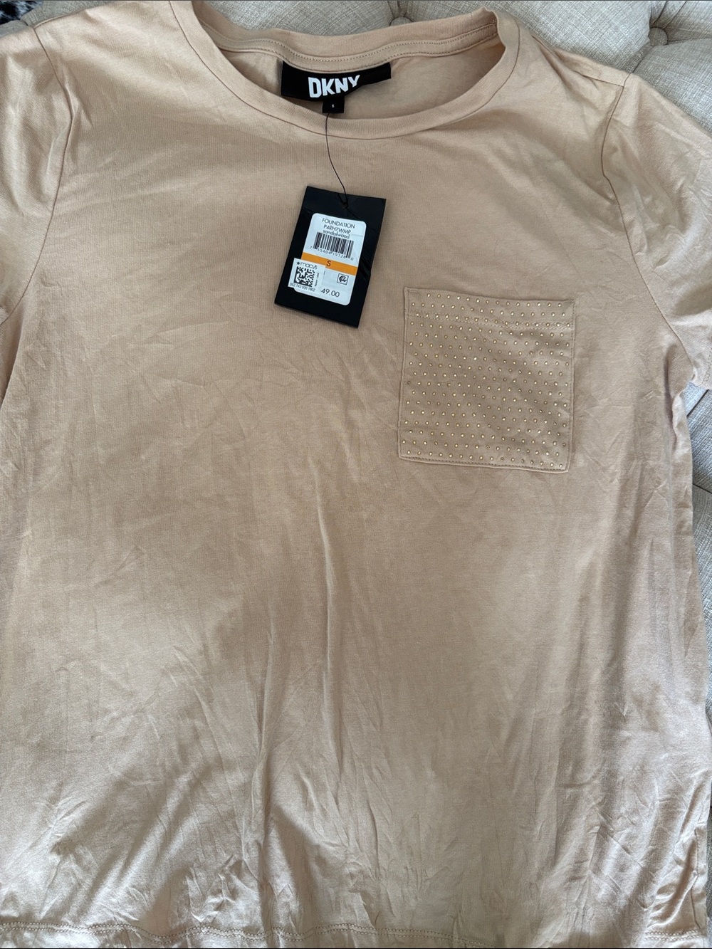 DKNY Beige Short Sleeve Tee with Studded Pocket Detail
